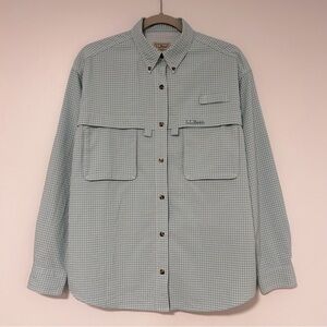 LL Bean Womens Medium Green Plaid Fishing Shirt Vented Long Sleeve Roll Tab XY18